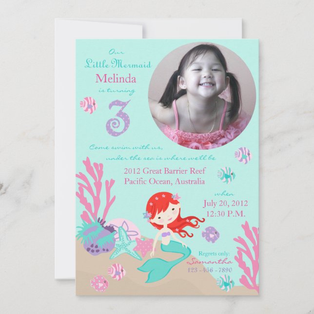 Auburn Mermaid Third Birthday Invitation (Front)