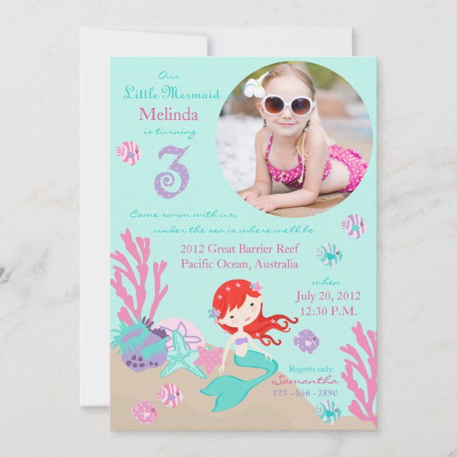 Auburn Mermaid Third Birthday Invitation (Front)