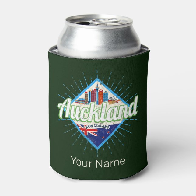 Auckland New Zealand retro skyline vintage Can Cooler (Can Front)