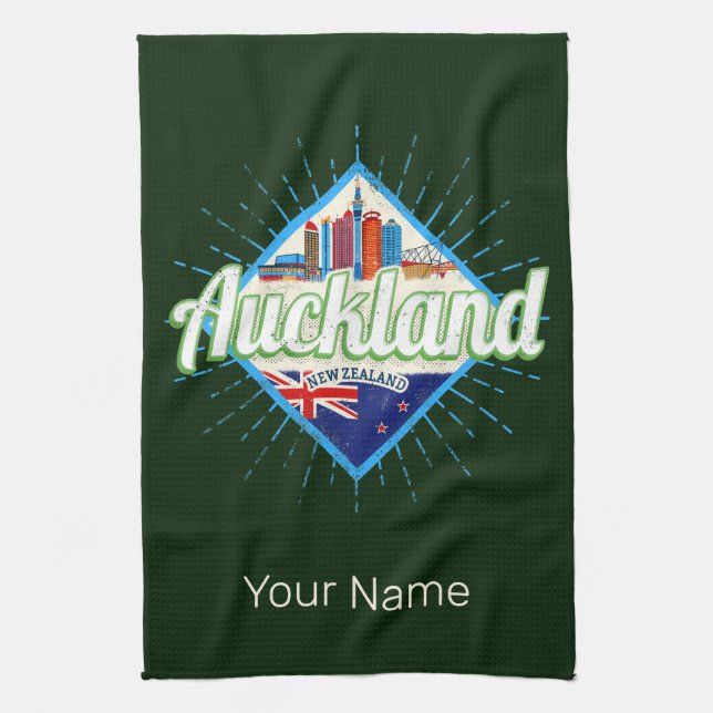 Auckland New Zealand retro skyline vintage Tea Towel (Vertical)