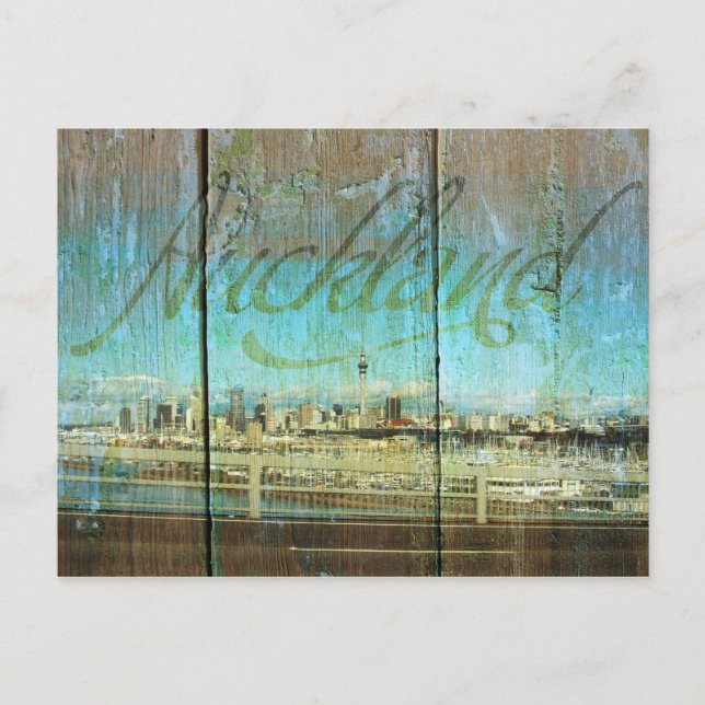 Auckland Waterfront On Old Wood Postcard (Front)