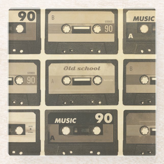 Audio Cassette, Retro Poster Hip-Hop. Glass Coaster (Front)