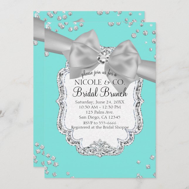 Audrey Blue Big White Bow Diamonds Bridal Shower Invitation (Front/Back)