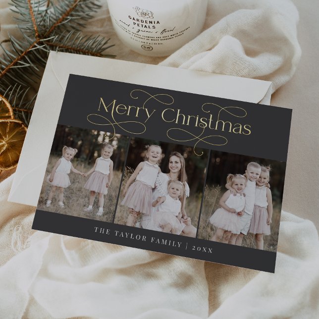 AUDREY Grey Foil Family Photo Vintage Christmas (AUDREY Gray Foil Family Photo Vintage Christmas Foil Holiday Card)