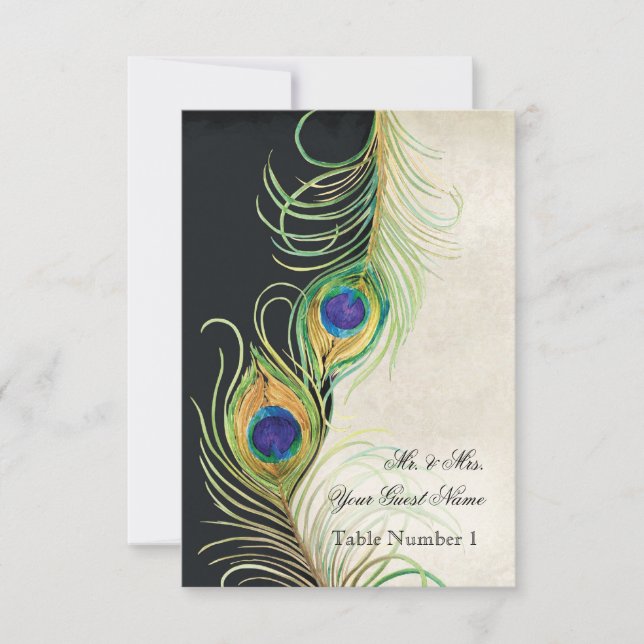 Audrey Jeanne Peacock Feather Black Damask Invite (Front)