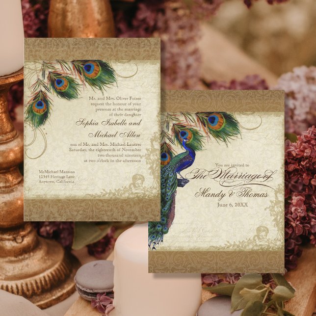 Audrey Jeanne Peacock & Feathers Vintage Damask Invitation (Creator Uploaded)