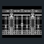 AUDREY'S ART DECO IRONWORK: WHITE on BLACK Poster<br><div class="desc">Audrey's Ironwork is the wrought iron fence and gate design from the background of our Art Deco fashion design "Audrey." The ironwork composition was created using several photos of French Art Deco ironwork pieces - fences, gates, columns, plus a stonework design from the upper edge of a building. Beautiful architectural...</div>