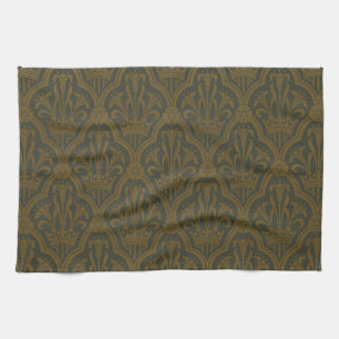 Audsley Vintage Gold Lily Crown Green Damask Art Tea Towel