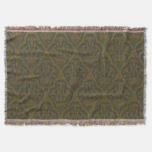 Audsley Vintage Gold Lily Crown Green Damask Art Throw Blanket