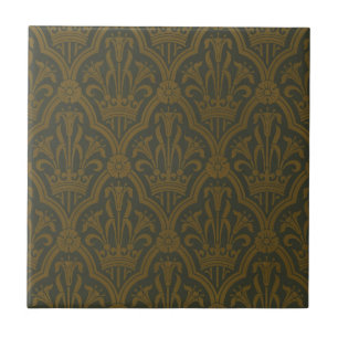 Audsley Vintage Gold Lily Crown Green Damask Art Tile
