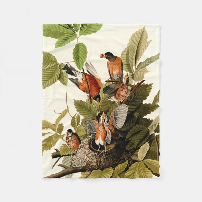 Audubon American Robin Wildlife Bird Illustration Fleece Blanket (Front)