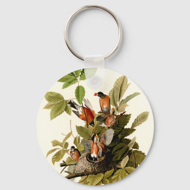 Audubon American Robin Wildlife Bird Illustration Key Ring (Front)