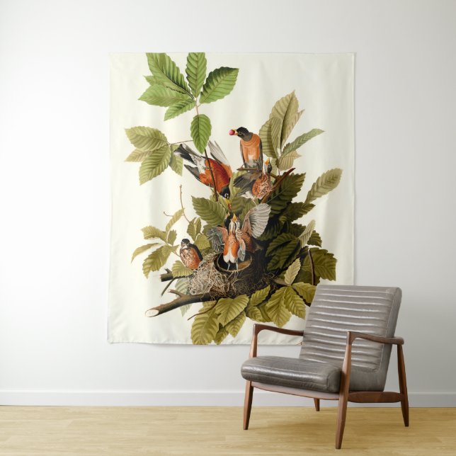 Audubon American Robin Wildlife Bird Illustration Tapestry (In Situ)