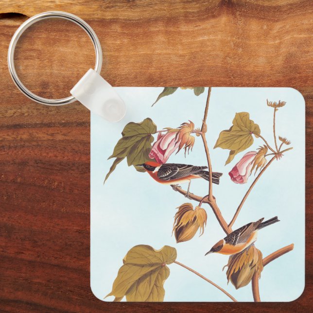 Audubon Bay-Breasted Warbler Bird on Cotton Plant Key Ring (Front)