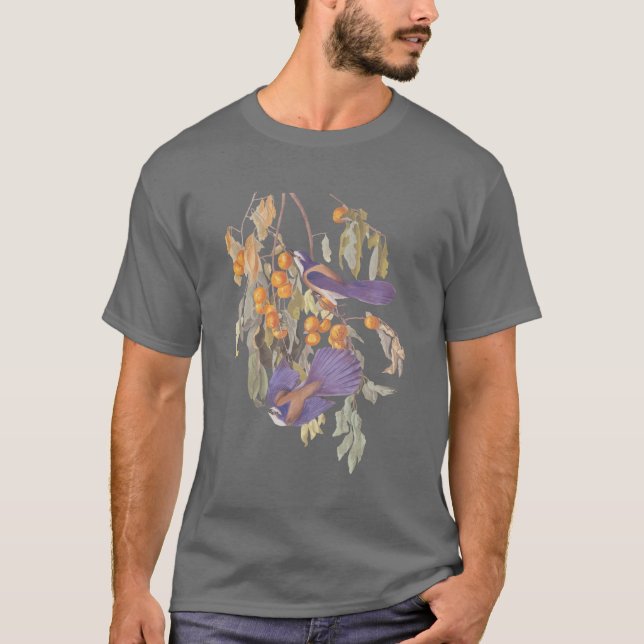 Audubon Blue Florida Scrub Jay on Orange Tree T-Shirt (Front)