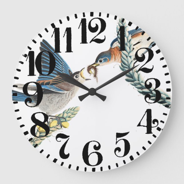 Audubon Bluebird Bird Floral Big Number Wall Clock (Front)