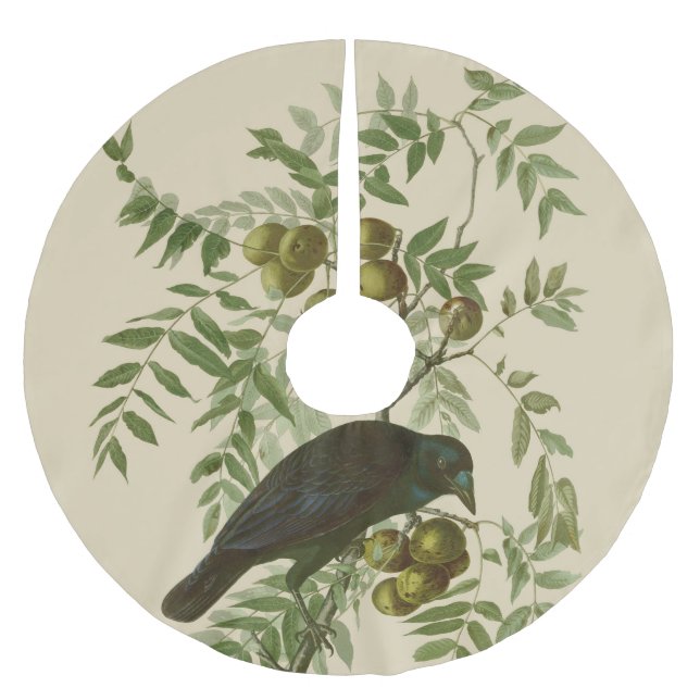 Audubon Purple Grackle Bird Print Vintage Botanic Brushed Polyester Tree Skirt (Front)