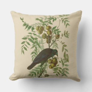 Audubon Purple Grackle Bird Print Vintage Botanic Cushion