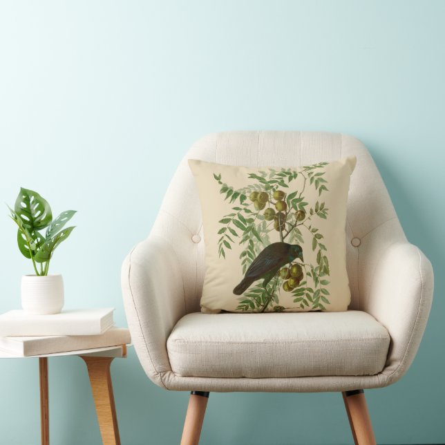 Audubon Purple Grackle Bird Print Vintage Botanic Cushion (Chair)