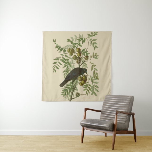 Audubon Purple Grackle Bird Print Vintage Botanic Tapestry (In Situ)