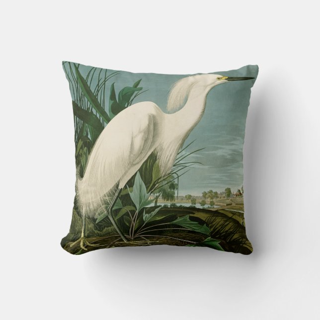 Audubon Snowy Heron White Egret Bird Birding Cushion (Front)