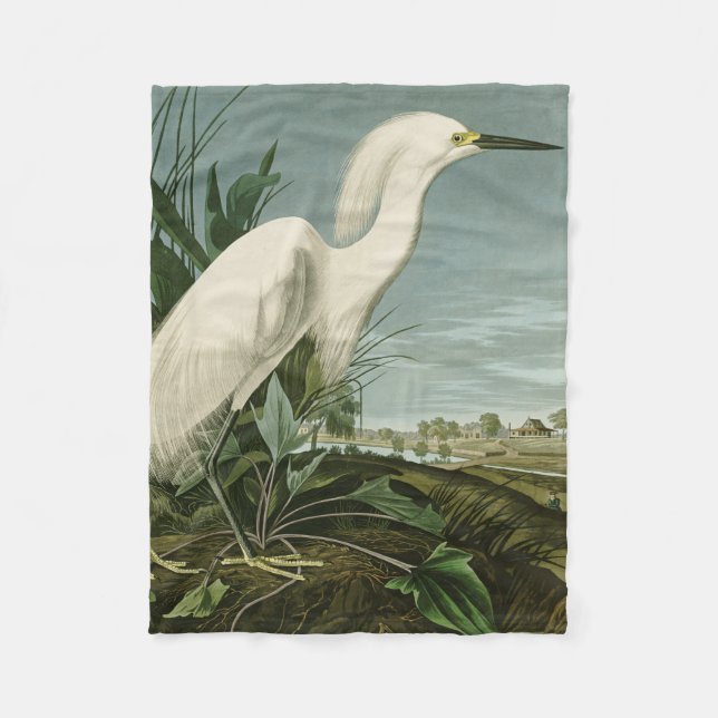 Audubon Snowy Heron White Egret Bird Birding Fleece Blanket (Front)