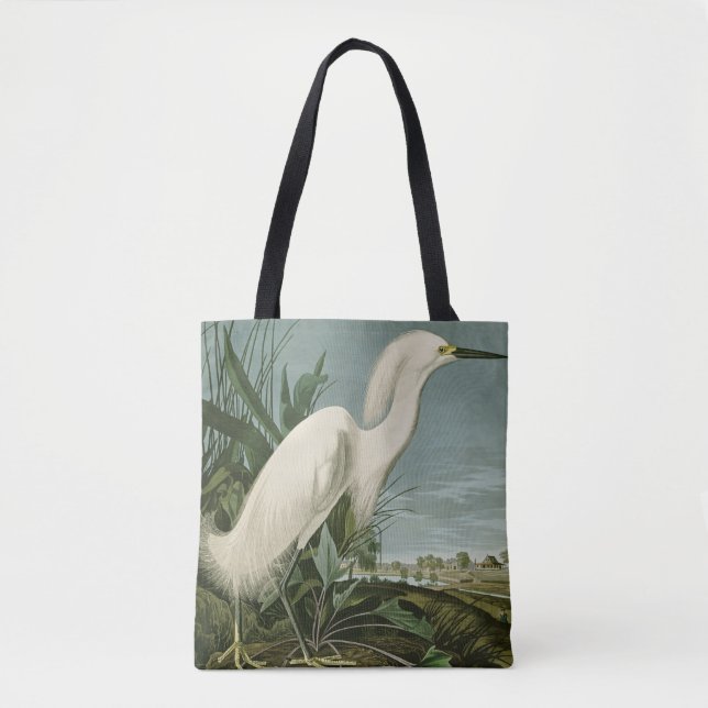 Audubon Snowy Heron White Egret Bird Birding Tote Bag (Front)