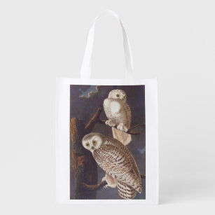 Audubon Snowy White Owl Pair on a Cloudy Night Reusable Grocery Bag