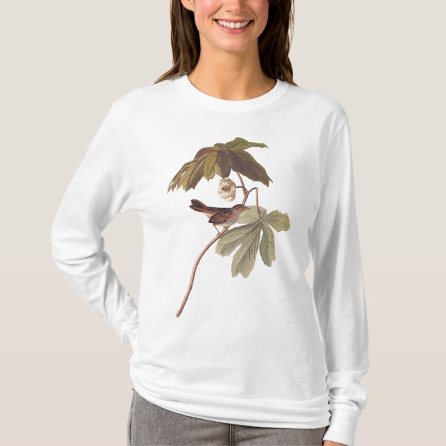 Audubon Swamp Sparrow Bird on Wild Mandrake T-Shirt (Front)