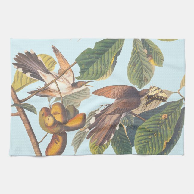 Audubon Yellow-Billed Cuckoo Birds in Fruit Tree Tea Towel (Horizontal)
