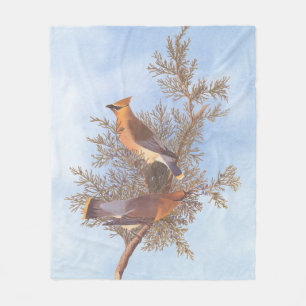 Audubon's Cedar Waxwing Bird Pair on Evergreen Fleece Blanket