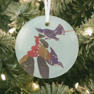 Audubon's Cerulean Warbler Bird Pair with Berries Glass Tree Decoration