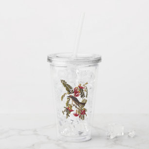 Audubon's Grey Tyrant Bird with Pink Flowers Acrylic Tumbler