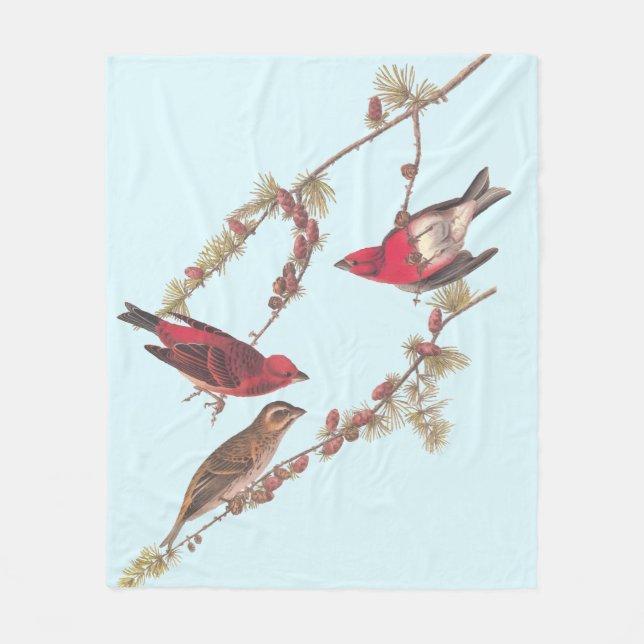 Audubon's Purple Finch Three Red Birds in Winter Fleece Blanket (Front)