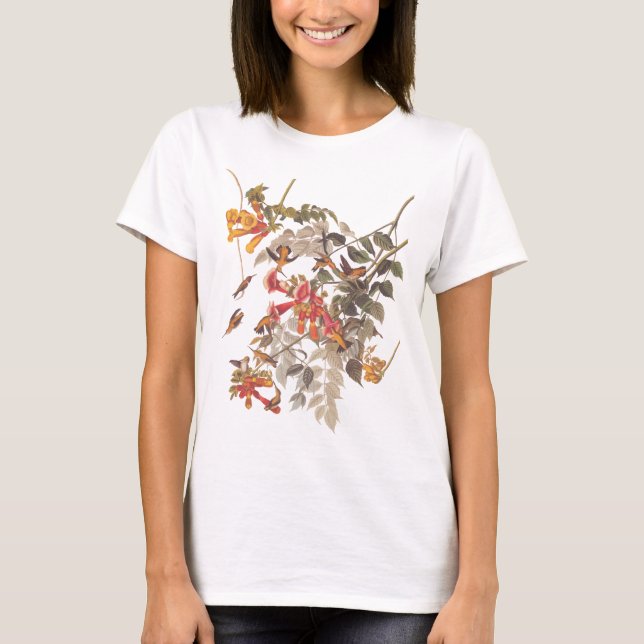 Audubon's Ruby Throated Hummingbird and Flowers T-Shirt (Front)