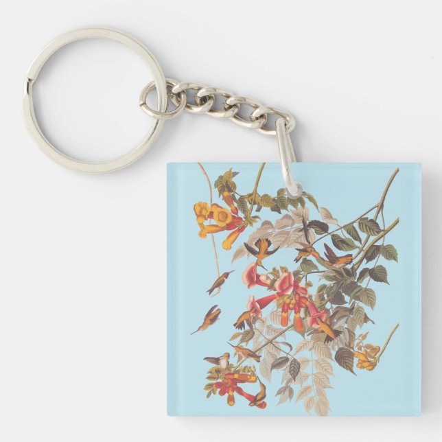 Audubon's Ruby Throated Hummingbirds and Flowers Key Ring (Front)