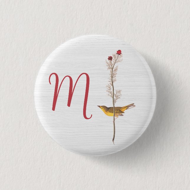 Audubon's Yellow Bird on Flower with Monogram 3 Cm Round Badge (Front)