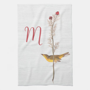 Audubon's Yellow Bird on Flower with Monogram Tea Towel