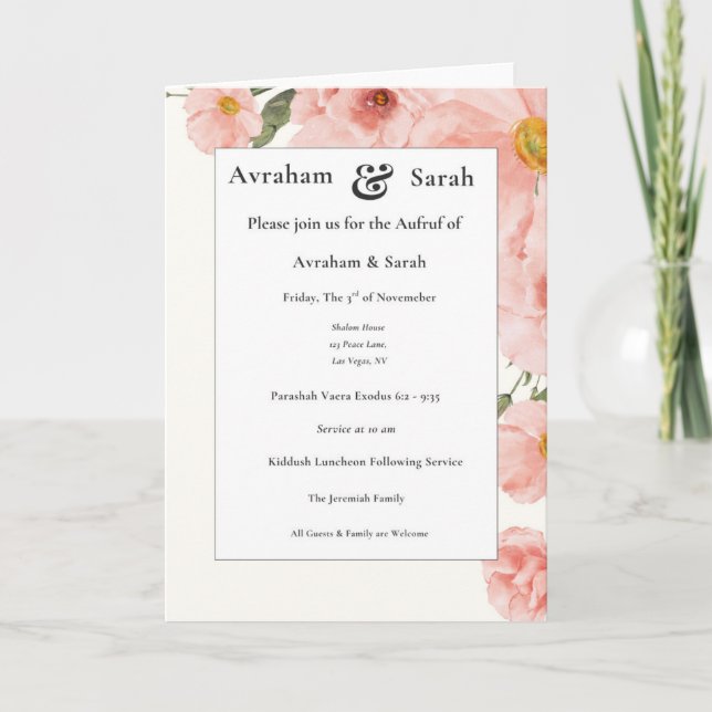 Aufruf Pink Watercolor Wedding Jewish Invitation (Front)