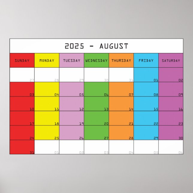 August 2025 colour days calendar planer poster (Front)