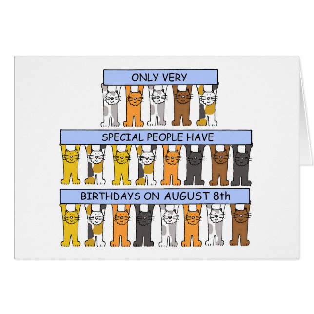 August 8th Birthday, Cute Cartoon Cats. (Front Horizontal)