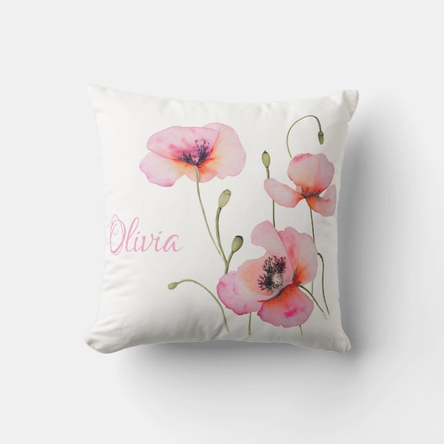 August birth flower Pink poppy Watercolor Floral Cushion (Front)