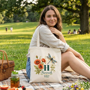 August Birth Flower Poppy & Dragonfly Tote Bag