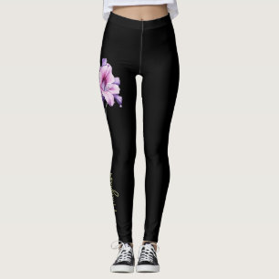 August Birth Flower, Purple Gladiolus on Black Leggings