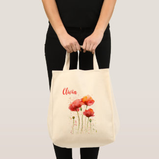 August birth flower Red poppies Watercolor Floral Tote Bag