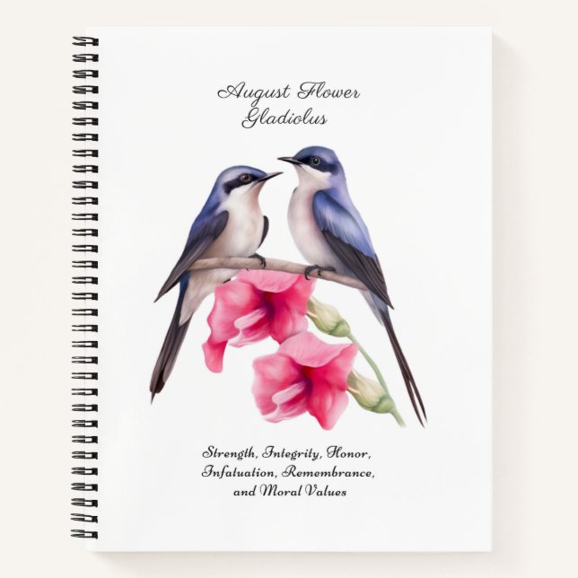  August Birth Month Flower Gladiolus with Birds Notebook (Front)
