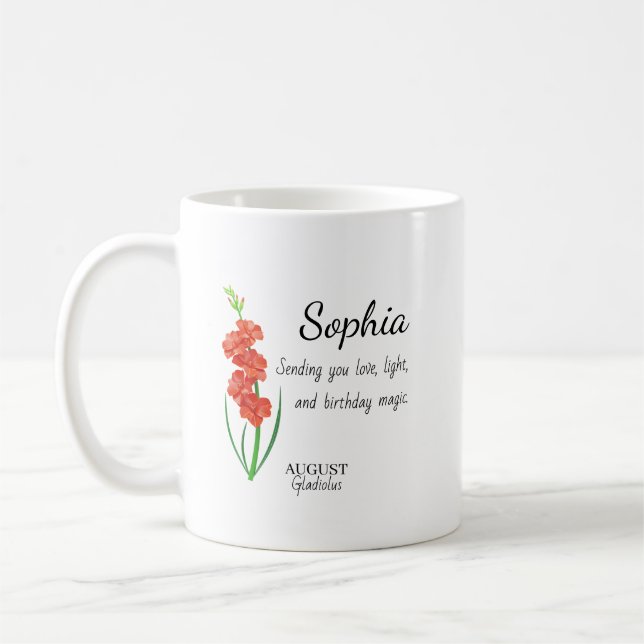 August Gladiolus Personalised Birthday Coffee Mug (Left)
