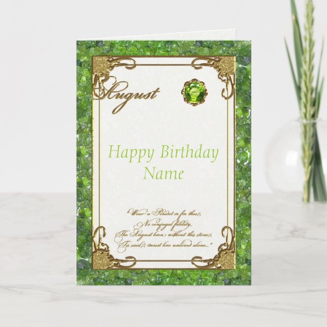 August Peridot Birthstone Birthday Card (Front)