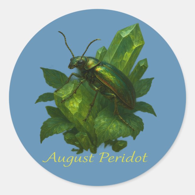 August Peridot – Jewel Beetle & Crystal Classic Round Sticker (Front)
