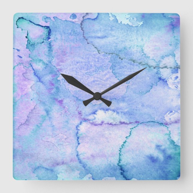 'August' Purple and Blue Watercolor Square Wall Clock (Front)